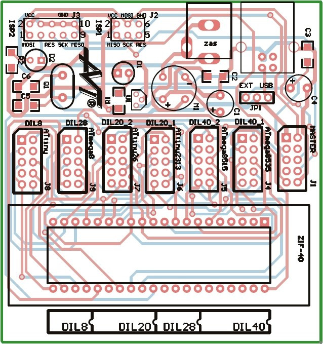 Rys.2 Rozmieszczenie elementów na płytce drukowanej - uniwersalny adapter dla programatorów AVR–ISP