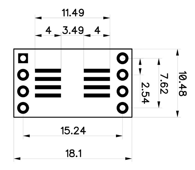 Wymiary płytki firmy ABelectronics dla układów scalonych w obudowie SOIC-8 i SOT23-6