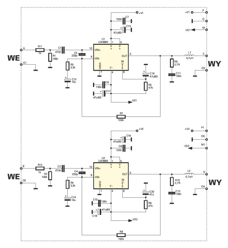 Rys.1 Schemat ideowy - wzmacniacz mocy 2x70W z LM3886