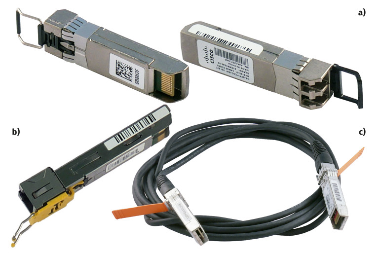 Fotografia 1. Przykładowe komponenty SFP: a) moduły światłowodowe; b) moduł z RJ45; c) kabel DAC