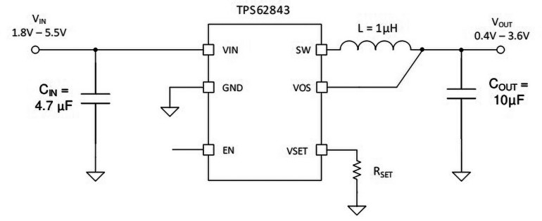 Typowy układ aplikacyjny przetwornicy TPS62843