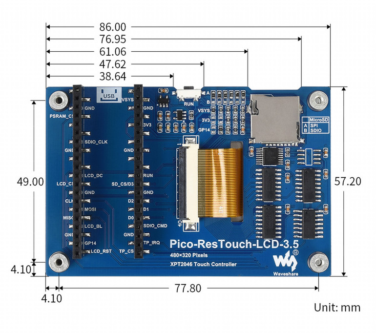 Schemat wymiarowy Pico-ResTouch-LCD-3.5