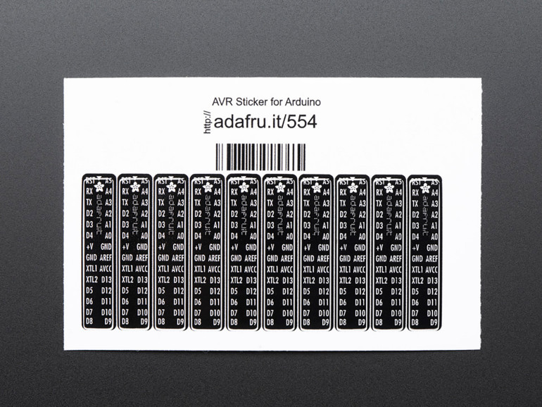 10 naklejek z naniesionymi oznaczeniami wyprowadzeń dla mikrokontrolerów: ATmega168 i ATmega328