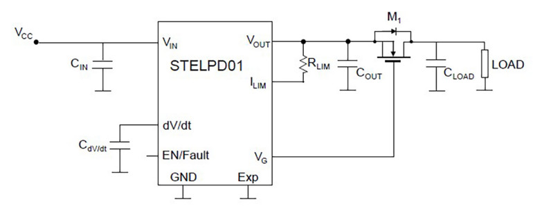 Typowa aplikacja układu STELPD01 z tranzystorem zabezpieczającym przed prądem wstecznym
