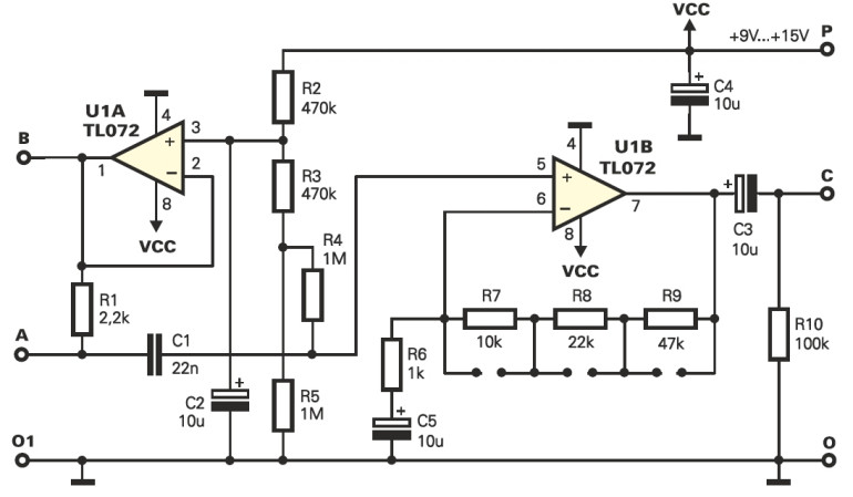Rys.1 Wzmacniacz mikrofonowy SMD - schemat elektryczny