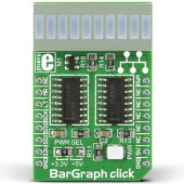 Podręczny moduł wskaźnika słupkowego BarGraph Click firmy MikroElektronika zawierający 10 diod LED koloru czerwonego
