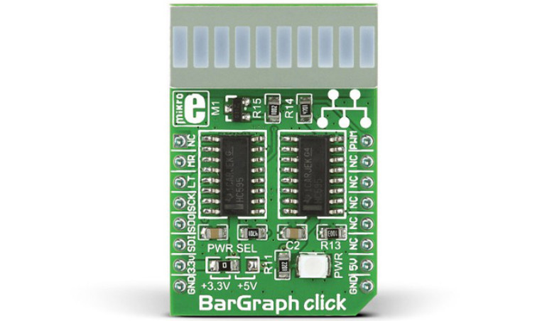 Podręczny moduł wskaźnika słupkowego BarGraph Click firmy MikroElektronika zawierający 10 diod LED koloru czerwonego