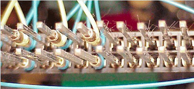 Fotografia 2. Przykład długich „wąsów” cynowych widocznych na pinach złącza szpilkowego