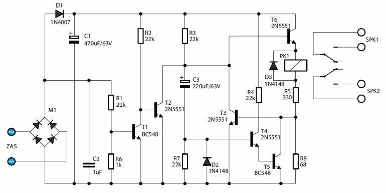 Rys.1 Schemat ideowy - opóźniacz dołączania głośników