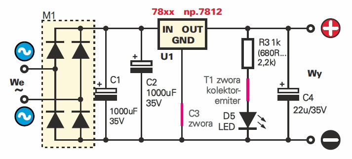 Rys.2 Opcjonalny schemat elektryczny z ustalonym napięciem wyjściowym (wersja z 78XX)