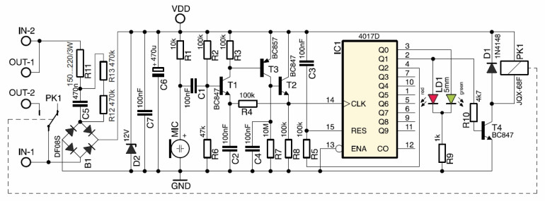 Rys.1 Schemat elektryczny - Włącznik dźwiękowy 230V (klaskacz)
