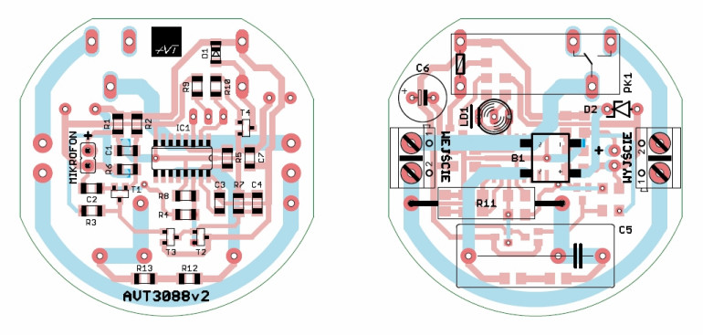 Rys.2 Rozmieszczenie elementów na płytce drukowanej - Włącznik dźwiękowy 230V (klaskacz)