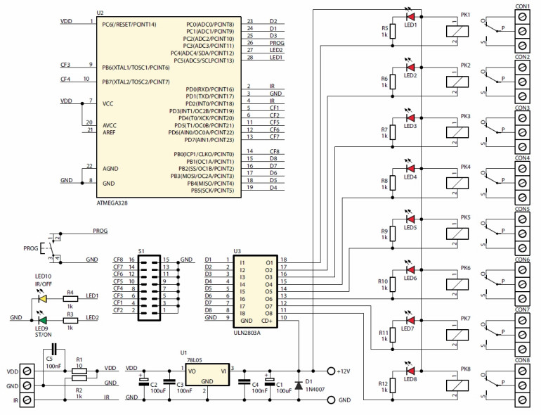 Rys.1 Schemat elektryczny - 8-kanałowy przełącznik na podczerwień AVT3138