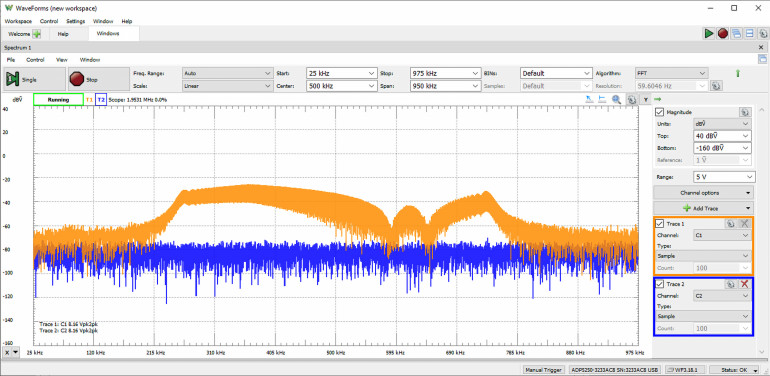Rysunek 1. Oprogramowanie WaveForms umożliwia łatwe korzystanie z analogowych i cyfrowych instrumentów pomiarowych w Analog Discovery PRO
