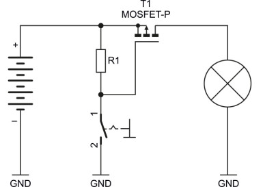 Rysunek 2. Najprostszy układ z tranzystorem MOSFET z kanałem P