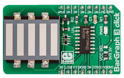 Kieszonkowy moduł wskaźnika słupkowego BarGraph 3 Click firmy MikroElektronika o 5 białych segmentach LED