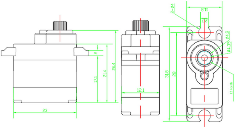 Schemat wymiarowy serwomechanizmu Goteck GS-9018