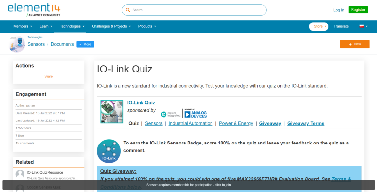 Widok strony z przygotowanym przez portal element14 quizem na temat przemysłowego standardu IO-Link