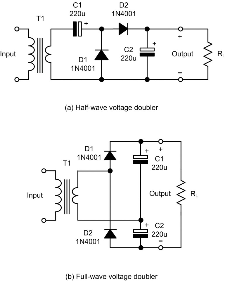 Rysunek 6.1. Proste jednopołówkowe i dwupołówkowe podwajacze napięcia.