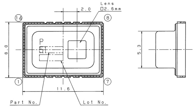 Rysunek 1. Rysunek obudowy czujnika AMG8833