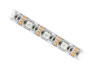 Taśma wielobarwna, na zbliżeniu widoczne są poszczególne diody LED zamknięte w obudowach SMD