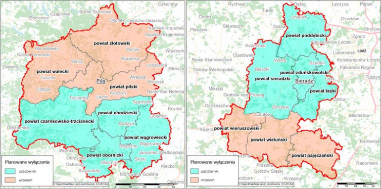 Mapa zaplanowanych na wrzesień i październik 2023 roku wyłączeń sieci 3G firmy Orange