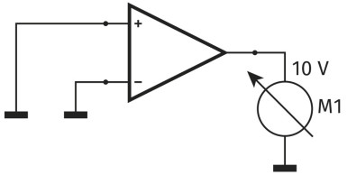 Rysunek 3. Pierwszy eksperyment, który pozwala zbadać, czy układ rzeczywiście dostarcza 0 V na wyjściu, gdy nie ma napięcia różnicowego między wejściami