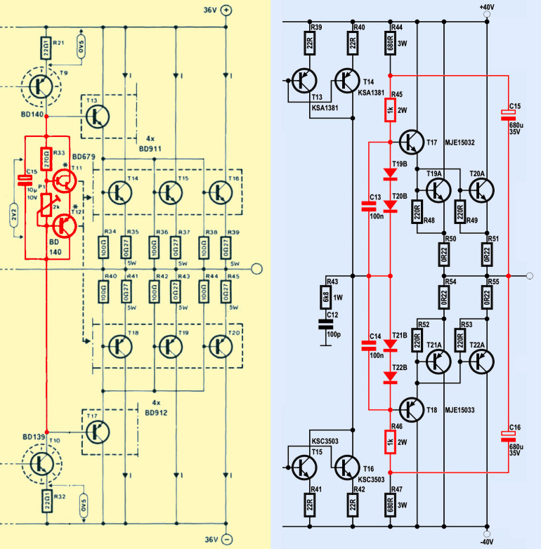 Rysunek 1. Różnice między układem starym (po lewej) i nowym (po prawej): ustawienie prądu spoczynkowego i symetryczne bootstrapowanie