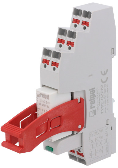 Fotografia 3. Przekaźnik interfejsowy typu PI84024 ACM912012. Przekaźnik miniaturowy jest dociskany w gnieździe za pomocą dźwigni