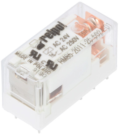 Fotografia 2. Przekaźnik miniaturowy typu RM85201125502401. Wybrane modele przekaźników umieszczono w przezroczystych korpusach
