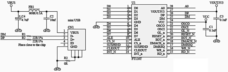 Schemat komunikacji USB-uC przy zastosowaniu układu FTDI FT120T