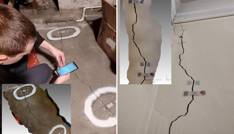 Inwentaryzacja szczeliny w podłodze Pałacu za pomocą aplikacji Pix4Dcatch i model 3D szczeliny na wewnętrznej ścianie Pałacu Mieroszewskich