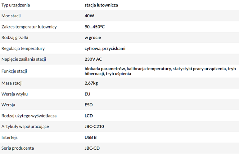 Parametry stacji lutowniczej JBC-CD-2SQF