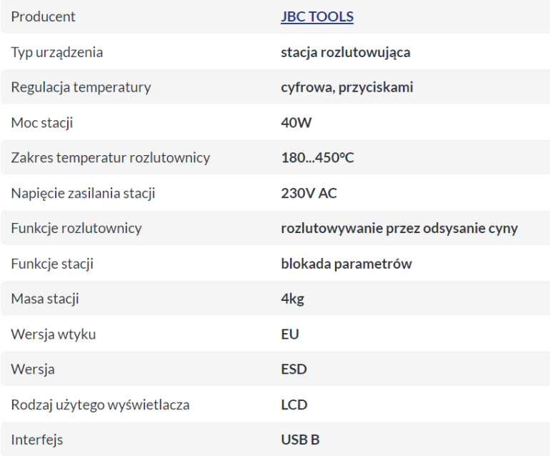 Podstawowe parametry stacji rozlutowującej JBC CS-2F