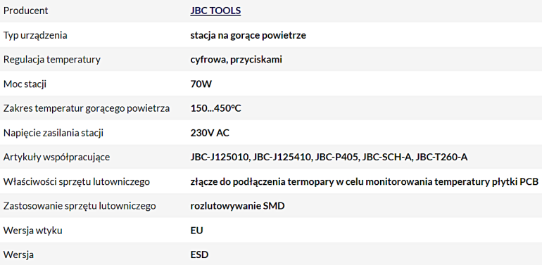 Podstawowe parametry stacjilutowniczej Hot Air JBC-JNASE-2A