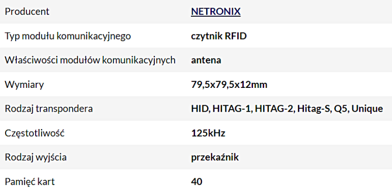 Parametry czytnika CTU-D2R NETRONIX