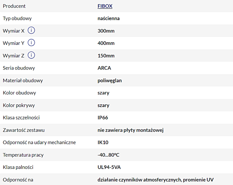 Parametry obudowy FIBOX ARCA 304015N