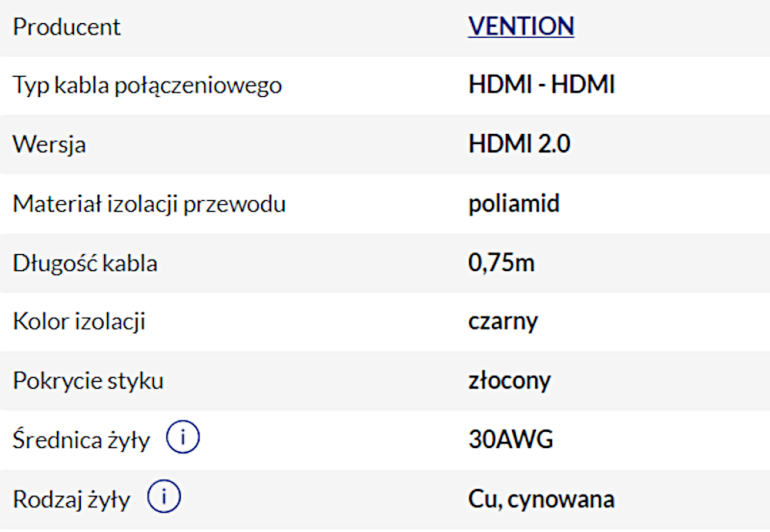 Podstawowe parametry przewodu HDMI VAA-B05-B075