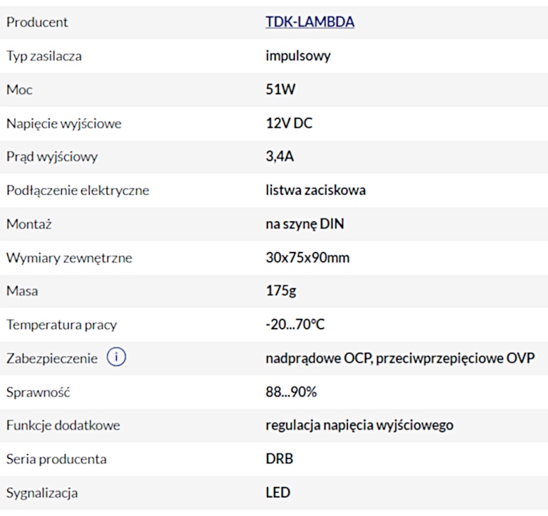 Parametry zasilacza DRB50-12-1