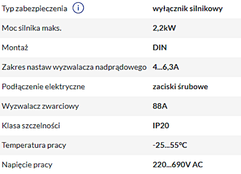 Podstawowe parametry wyłącznika silnikowego EATON PKZM0-6,3