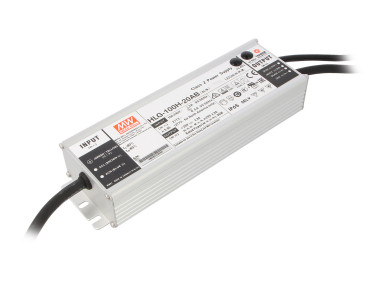 Fotografia 1. Zasilacz Mean Well typu HLG-100H-20AB. Szczelne zasilacze są wyposażone w dławnice oraz zaślepki potencjometrów nastaw