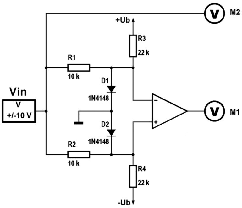 Schemat dyskryminatora okienkowego z jednym op-ampem (© 2017 Jos Verstraten)