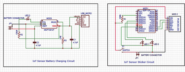 Rysunek 1. Schemat urządzenia: lewa część – ładowarka akumulatora; część prawa – zasadnicza część schematu zawierająca sensor oraz moduł komunikacji IoT (Od Red. EdW: Na schemacie w prawej części jest błąd. Należy uzupełnić połączenie pinu 8 Vcc modułu MOD1 z linią zasilania za wyłącznikiem S1)