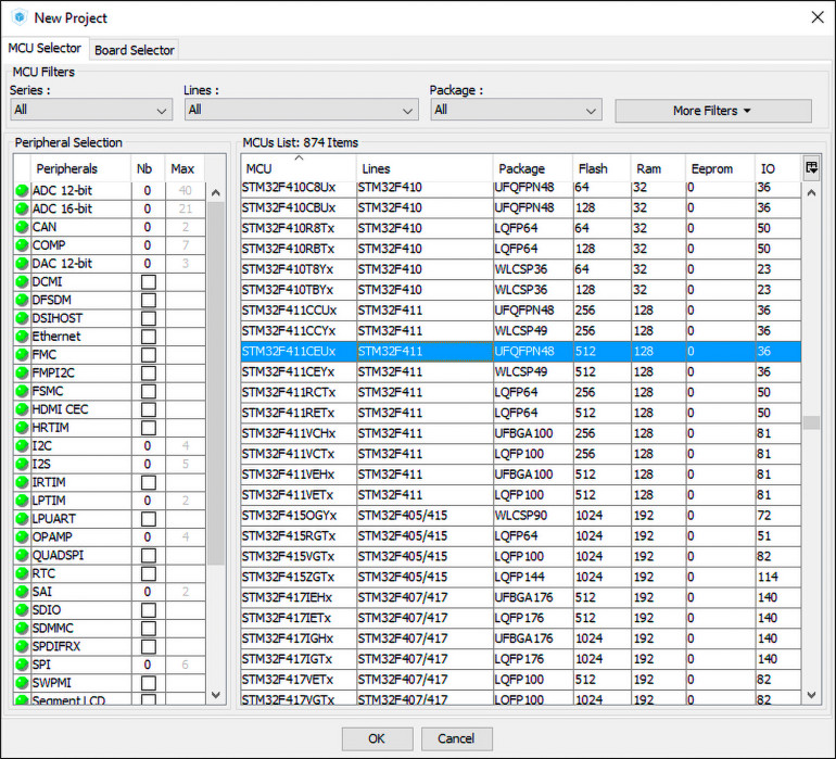 Kreator wyboru mikrokontrolera w programie STM32CubeMX