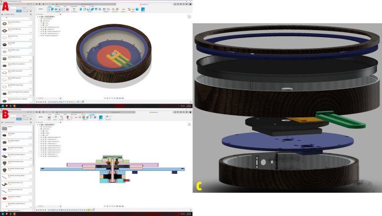 Rysunek 1. Projekt całego urządzenia po złożeniu; a) wygaszono tackę do wsypania piasku; b) przekrój układu; c) widok rozstrzelony urządzenia