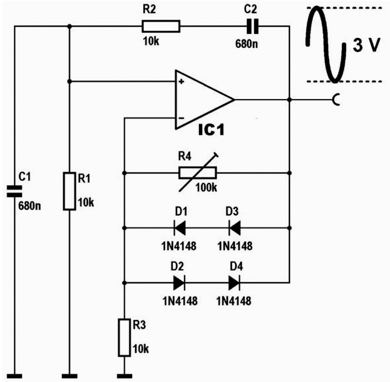 Oscylator sinusoidalny jest rozbudowany o diody i generuje ładną sinusoidę o stałej amplitudzie