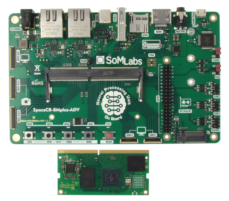 Na górze: płyta bazowa SpaceCB-8Mplus-ADV. Na dole: moduł SpaceSOM-8MPlus