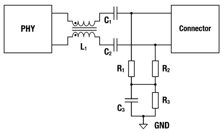 Rysunek 3 - Obwód Ethernetu jednoparowego, w którym znajduje zastosowanie dławik skompensowany prądowo