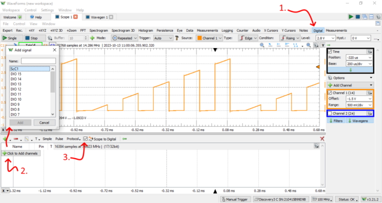 Rysunek 1 - Widok zakładki Digital w widoku przyrządu Scope