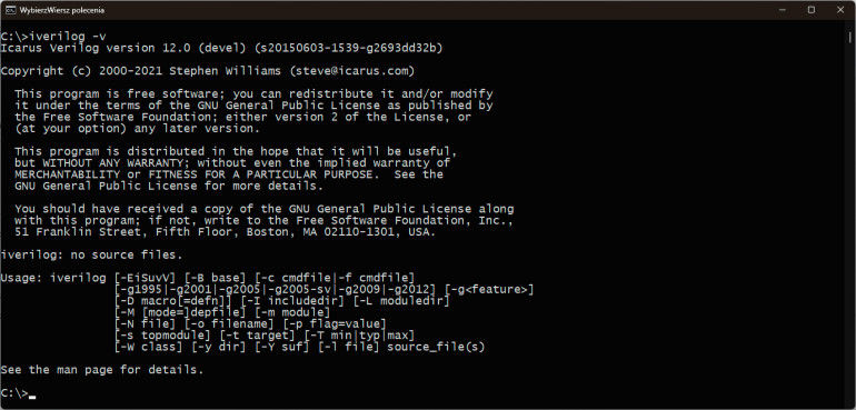 Rysunek 1. Sprawdzanie wersji programu Icarus Verilog